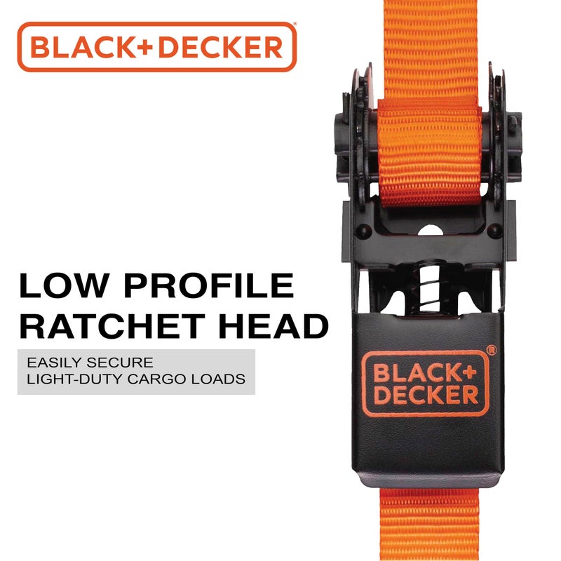 BLACK+DECKER BD1005 Black/Orange 1"" x 10' Ratchet Tie Down Straps - 300 lb Safe Working Load / 900 lb Break Strength  4 Pack - Image 3